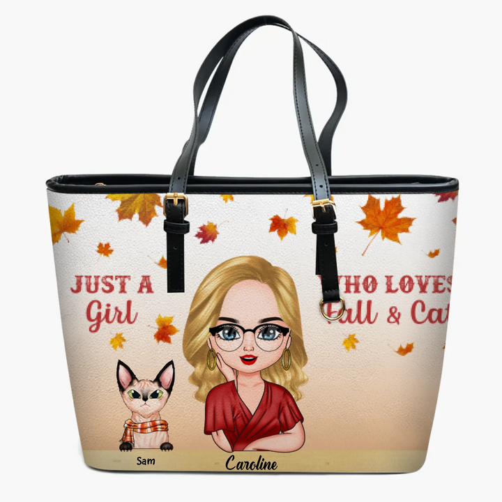 Personalized Leather Bucket Bag - Gift For Cat Lover - Just A Girl Who Loves Cats And Fall