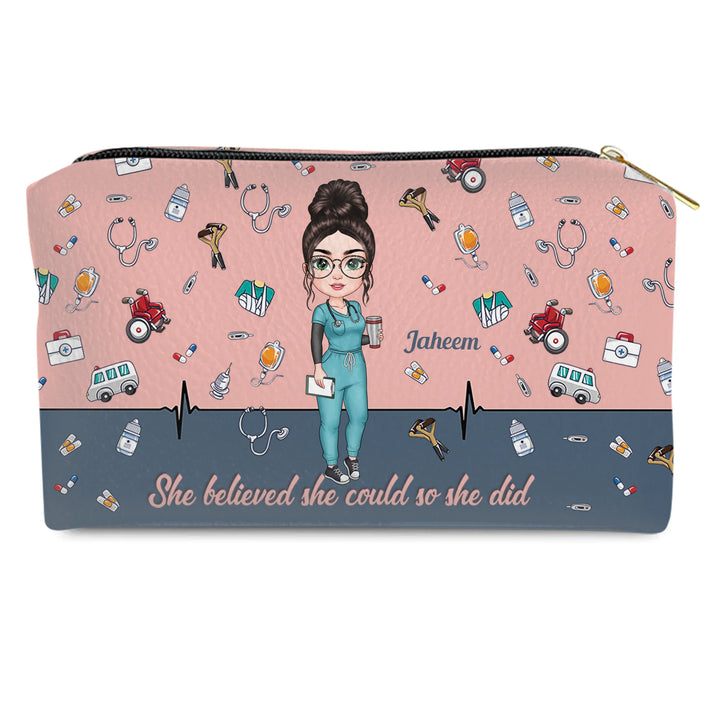 She Believed She Could She Did - Personalized Custom Leather Makeup Bag - Nurse's Day, Appreciation Gift For Nurse