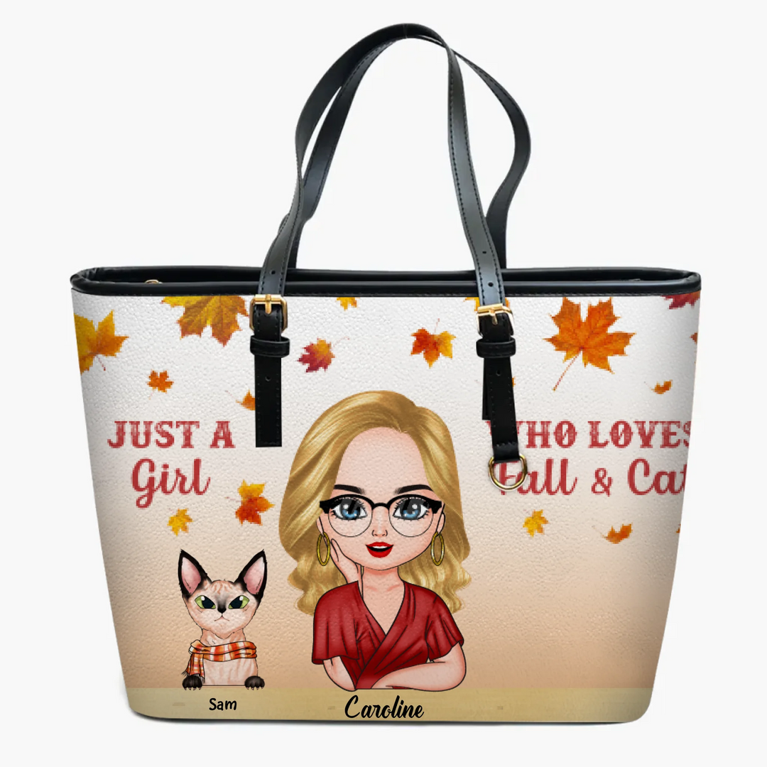 Personalized Leather Bucket Bag - Gift For Cat Lover - Just A Girl Who Loves Cats And Fall