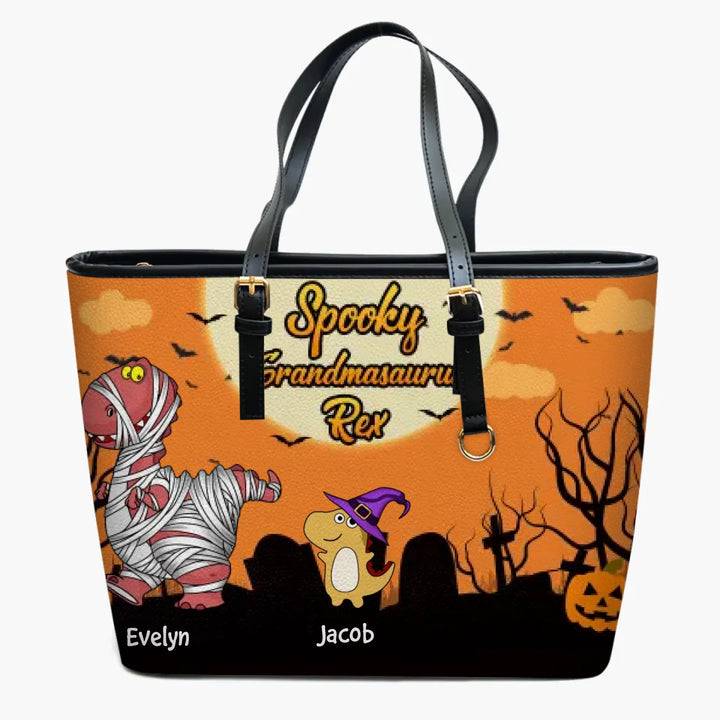 Personalized Leather Bucket Bag - Gift For Grandma - Spooky Saurus Rex