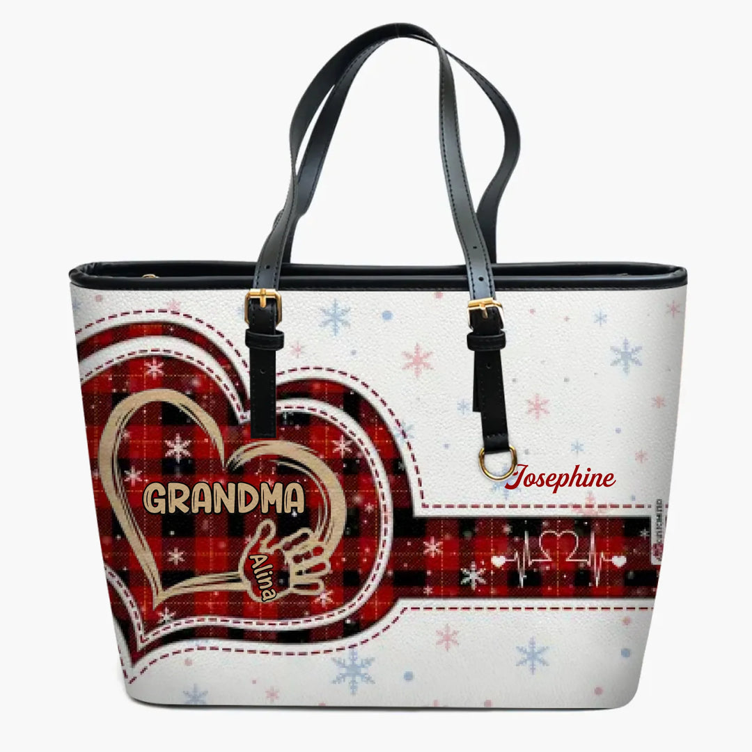 Personalized Leather Bucket Bag - Gift For Grandma - Grandma Heart Hand ARND037