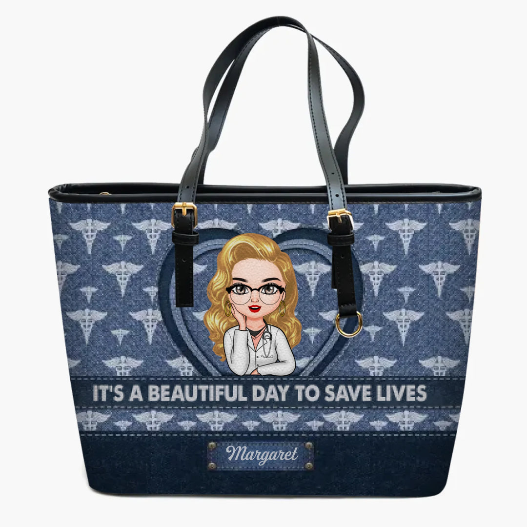 Personalized Leather Bucket Bag - Gift For Nurse - It's A Beautiful Day To Save Lives ARND018