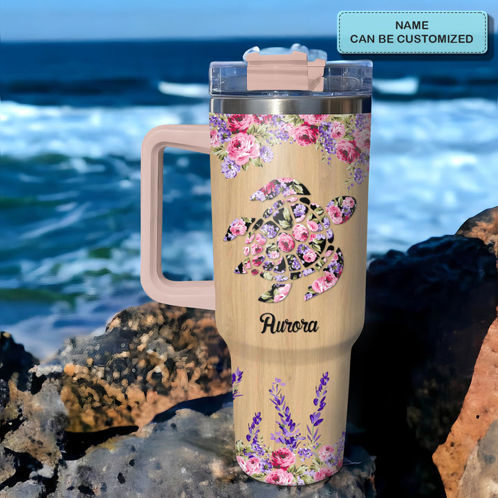 Floral Sea Turtle - Personalized Tumbler with Handle - Gift For Turtle Lovers - NCU0DV034