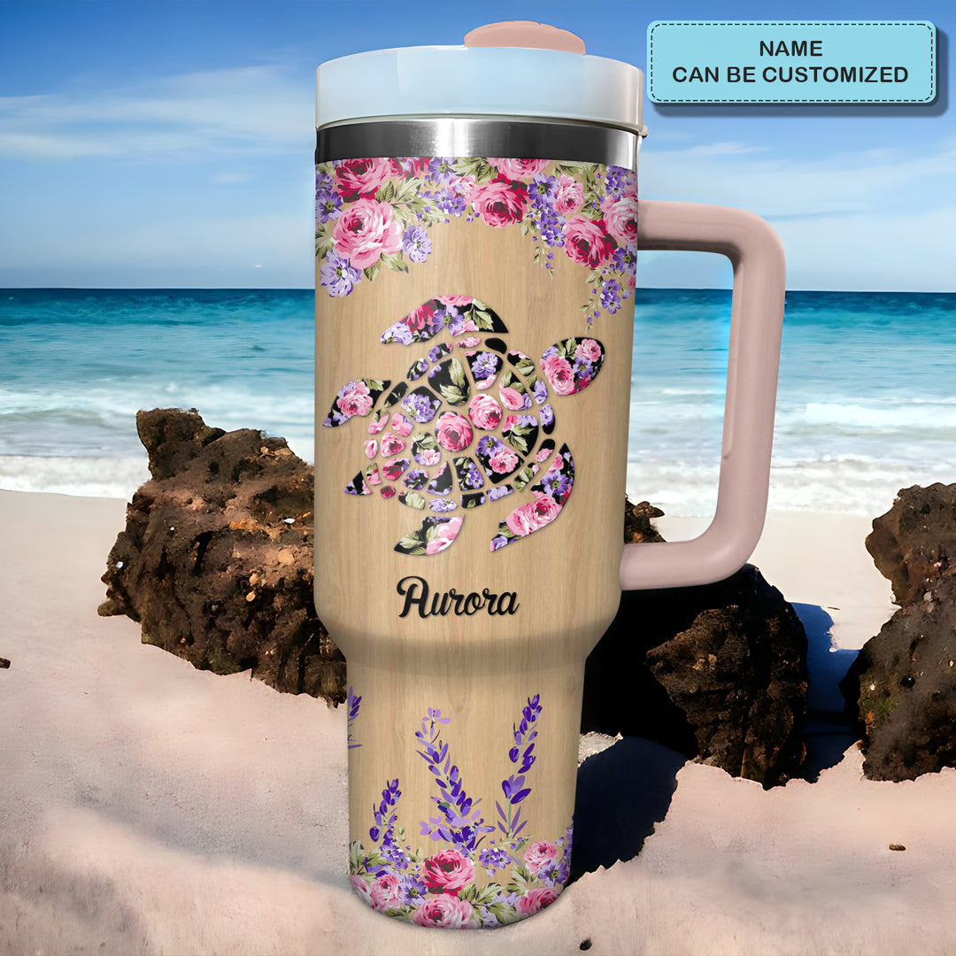 Floral Sea Turtle - Personalized Tumbler with Handle - Gift For Turtle Lovers - NCU0DV034