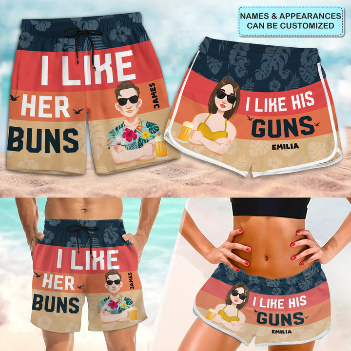 I Like Her Buns - Personalized Custom Couple Beach Shorts - Gift For Couple