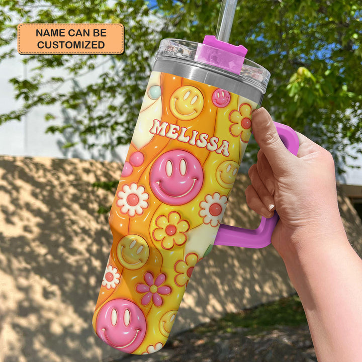Smiley Flower - Personalized Tumbler With Handle
