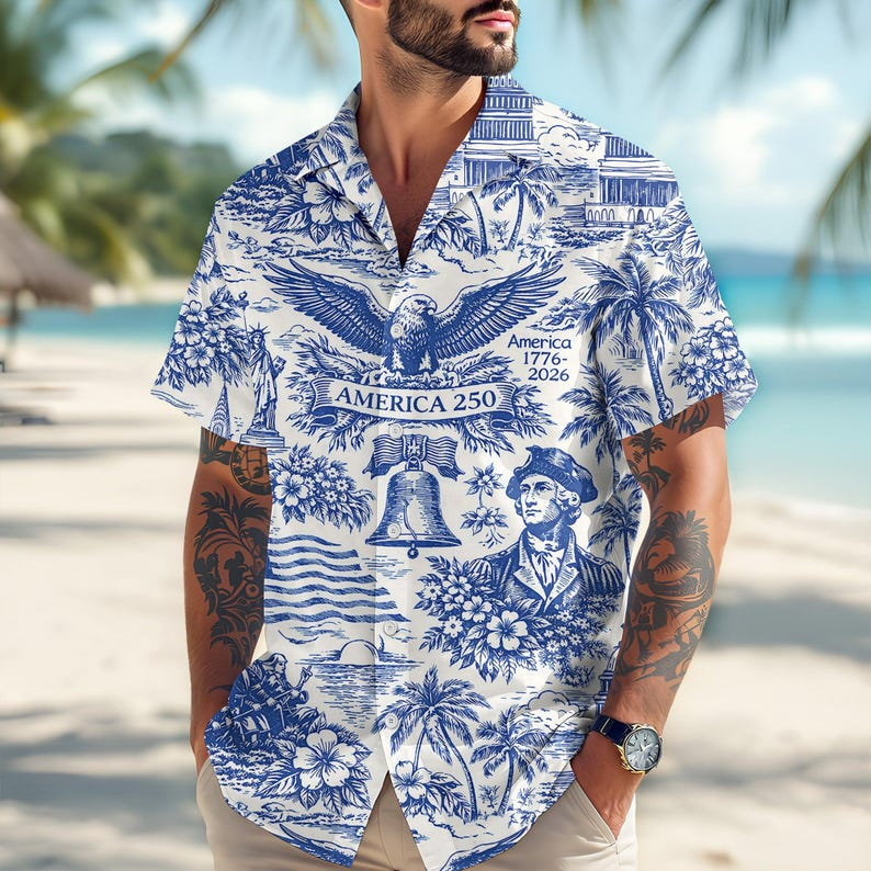 America 250 Patriotic Toile Hawaiian T-Shirt - America 250th Anniversary Gifts For Men, Dad, Grandpa, Husband NCU0VL103