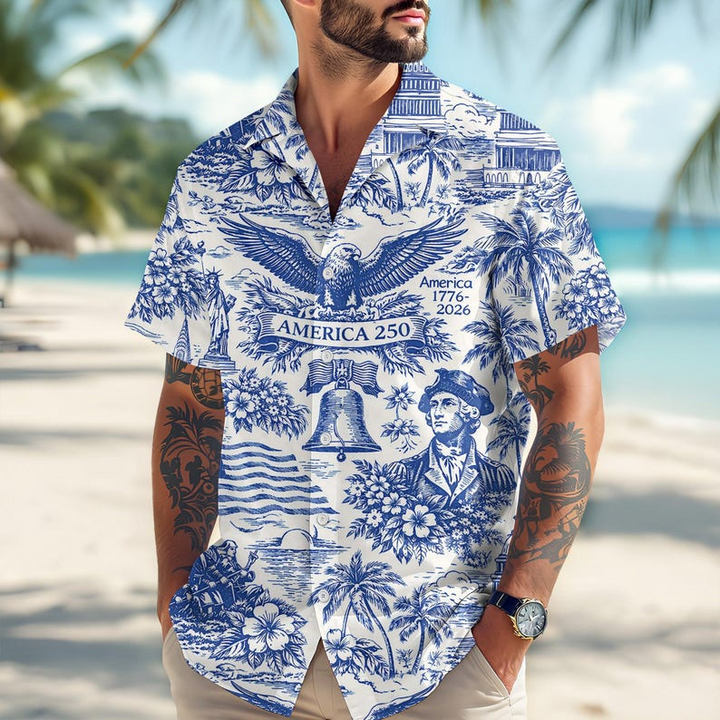 America 250 Patriotic Toile Hawaiian T-Shirt - America 250th Anniversary Gifts For Men, Dad, Grandpa, Husband NCU0VL103