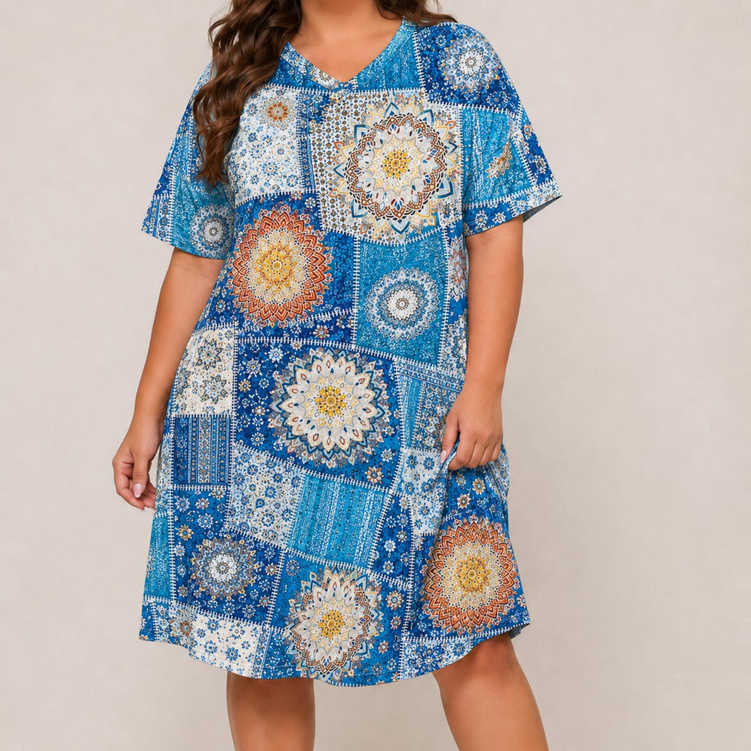 Azure Mandala Short Sleeve V Neck Midi Dress NCU0DV151