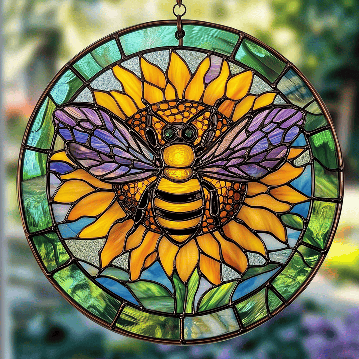 Emerald Sunflower Bee - Stained Glass Window Hanging Suncatcher NCU0TH023