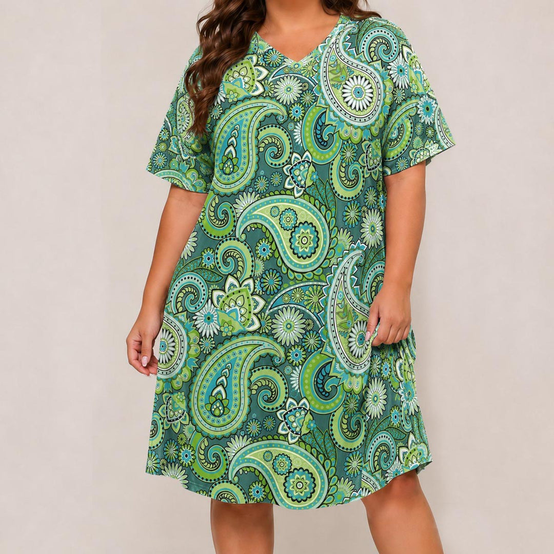 Emerald Swirl Short Sleeve V Neck Midi Dress NCU0DV144