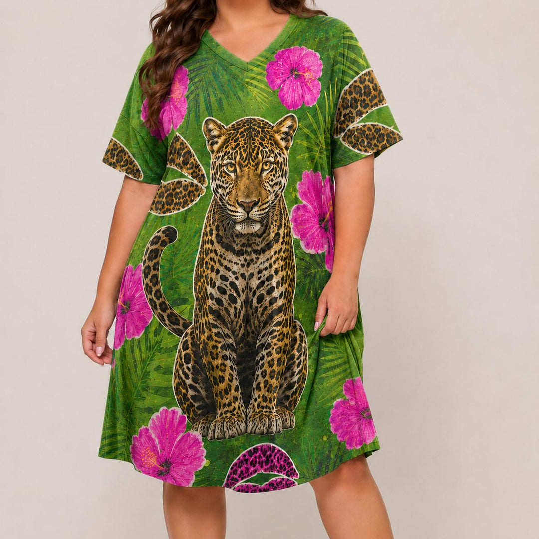 Emerald Leopard Short Sleeve V Neck Midi Dress NCU0DV157