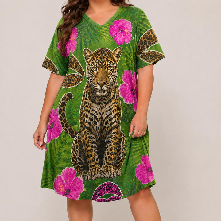 Emerald Leopard Short Sleeve V Neck Midi Dress NCU0DV157