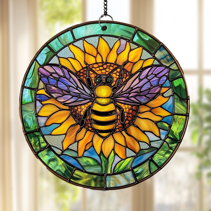 Emerald Sunflower Bee - Stained Glass Window Hanging Suncatcher NCU0TH023
