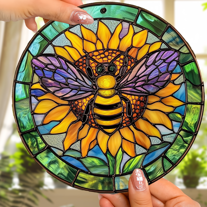 Emerald Sunflower Bee - Stained Glass Window Hanging Suncatcher NCU0TH023
