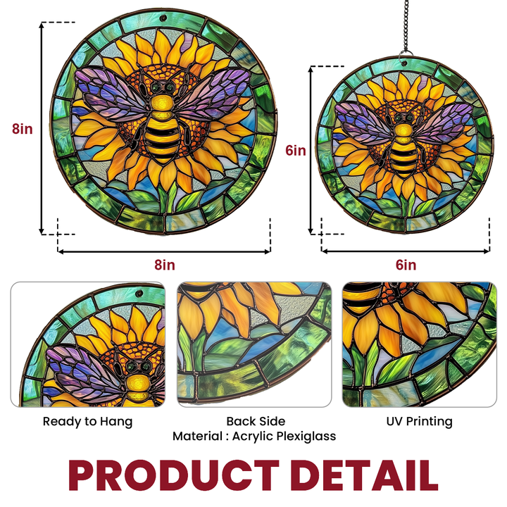 Emerald Sunflower Bee - Stained Glass Window Hanging Suncatcher NCU0TH023
