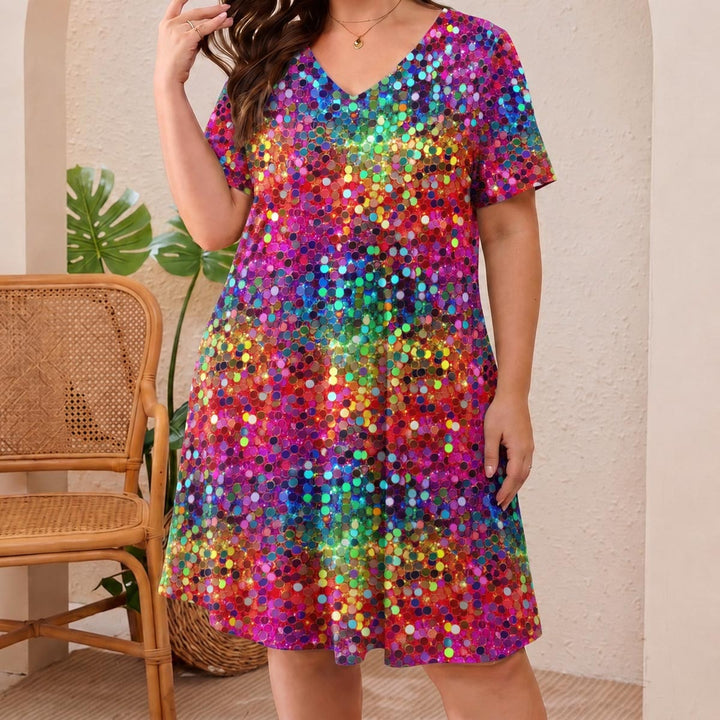 Glitter Burst Short Sleeve V Neck Midi Dress NCU0DV149