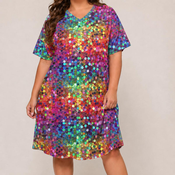 Glitter Burst Short Sleeve V Neck Midi Dress NCU0DV149