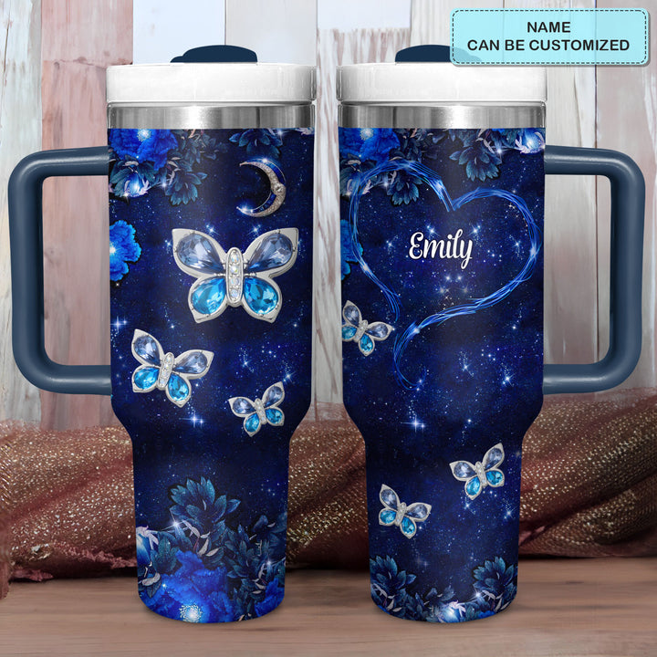 Blue Butterfly Gems - Personalized Tumbler with Handle - NCU0DK031