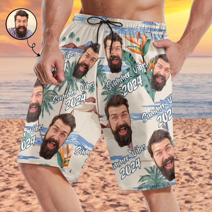 Summer Vibes 2024 - Personalized Unisex Man Beach Shorts - Gift For Family Members