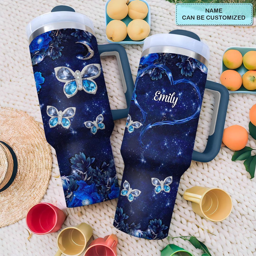 Blue Butterfly Gems - Personalized Tumbler with Handle - NCU0DK031