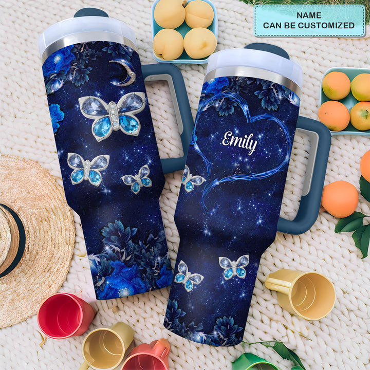 Blue Butterfly Gems - Personalized Tumbler with Handle - NCU0DK031