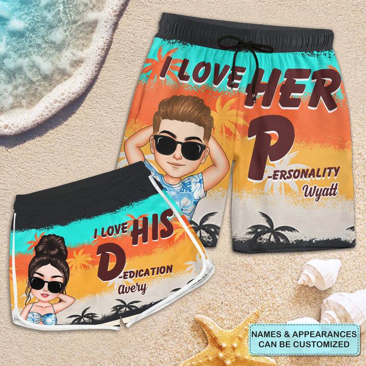 I Love Her Personality - Personalized Custom Couple Beach Shorts - Gift For Couple