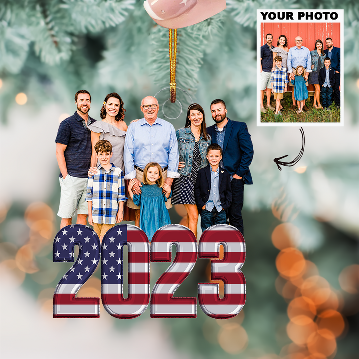 Customized Photo Ornament Flag Pattern - Personalized Photo Mica Ornament - Christmas Gift For Family Members UPL0HD051