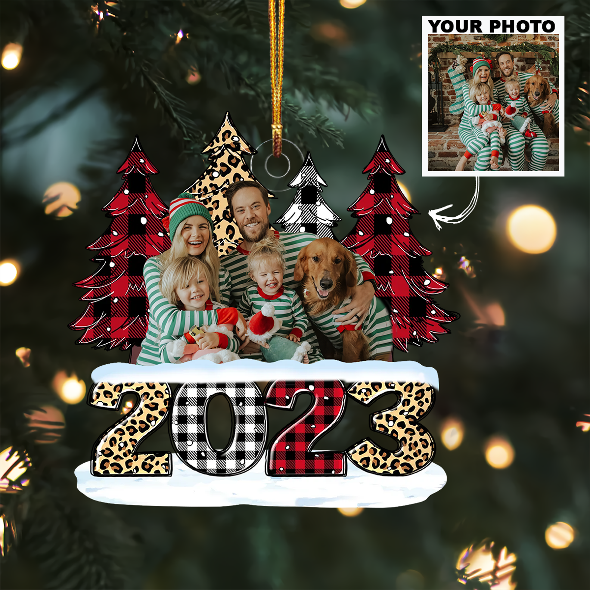 Family 2023 Leopard Checkered Pattern - Personalized Photo Mica Ornament - Christmas Gift For Family Members UPLHD038