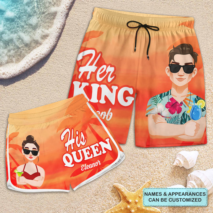 Her King His Queen - Personalized Custom Couple Beach Shorts - Gift For Couple