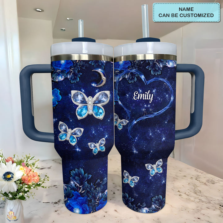 Blue Butterfly Gems - Personalized Tumbler with Handle - NCU0DK031