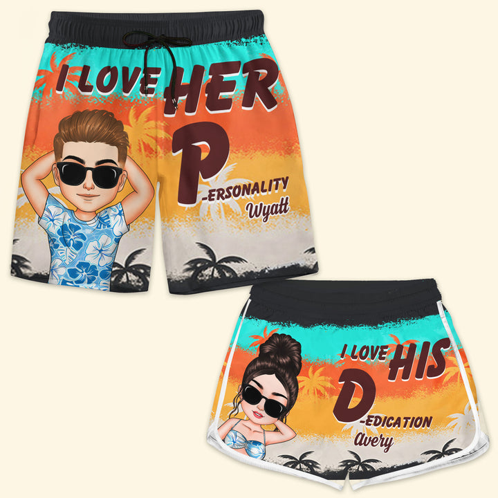 I Love Her Personality - Personalized Custom Couple Beach Shorts - Gift For Couple