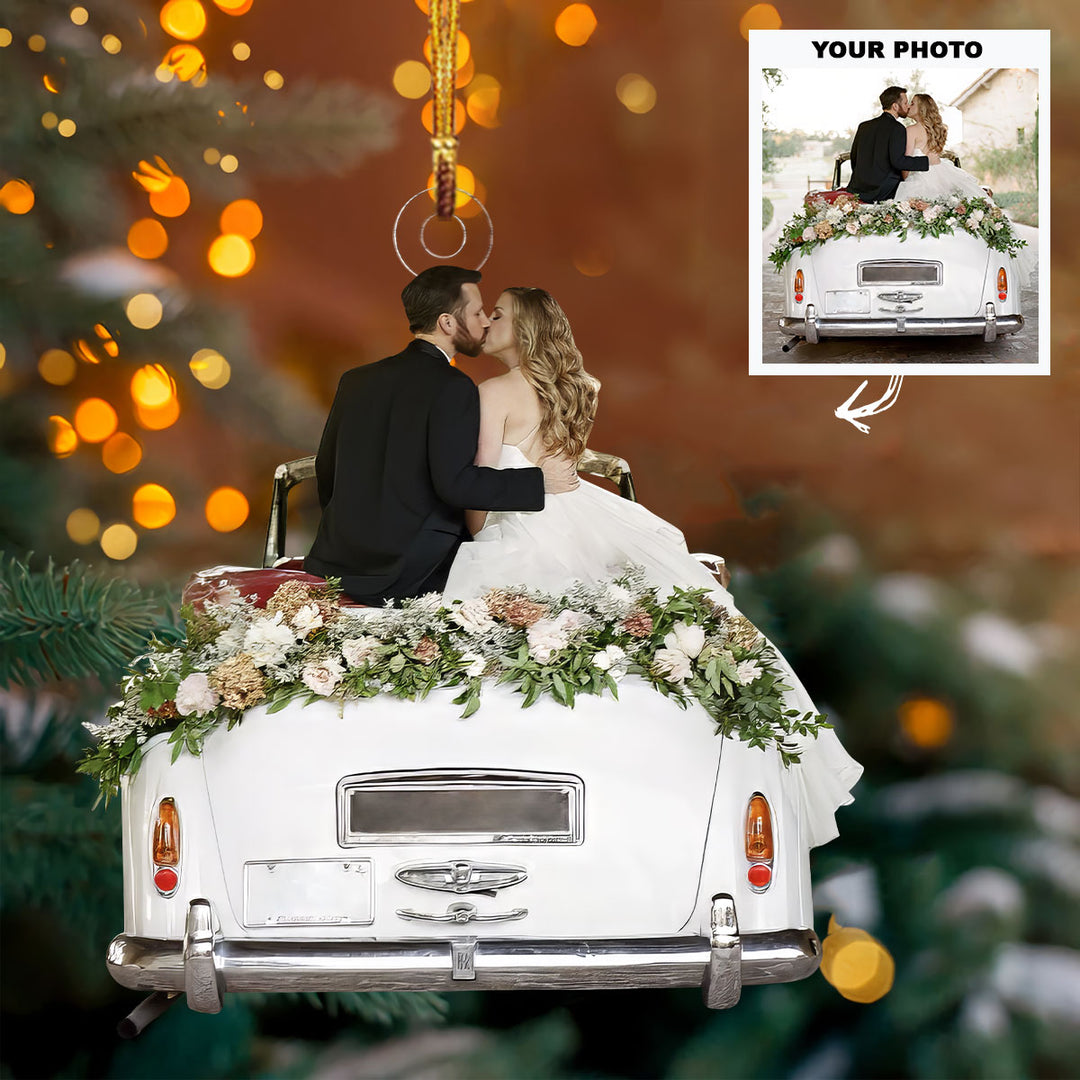 Just Married Car Version - Personalized Photo Mica Ornament - Christmas, Anniversary Gift For Couple, Wedding Couple