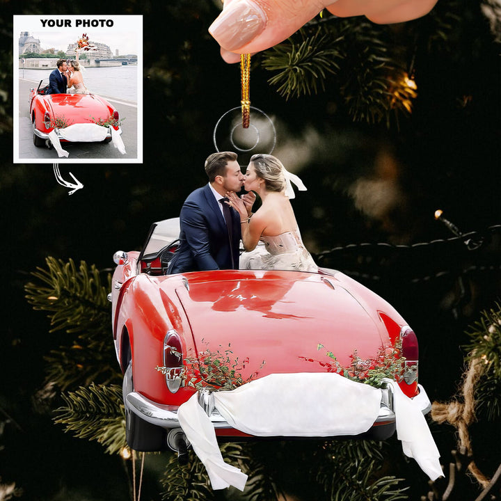 Just Married Car Version - Personalized Photo Mica Ornament - Christmas, Anniversary Gift For Couple, Wedding Couple