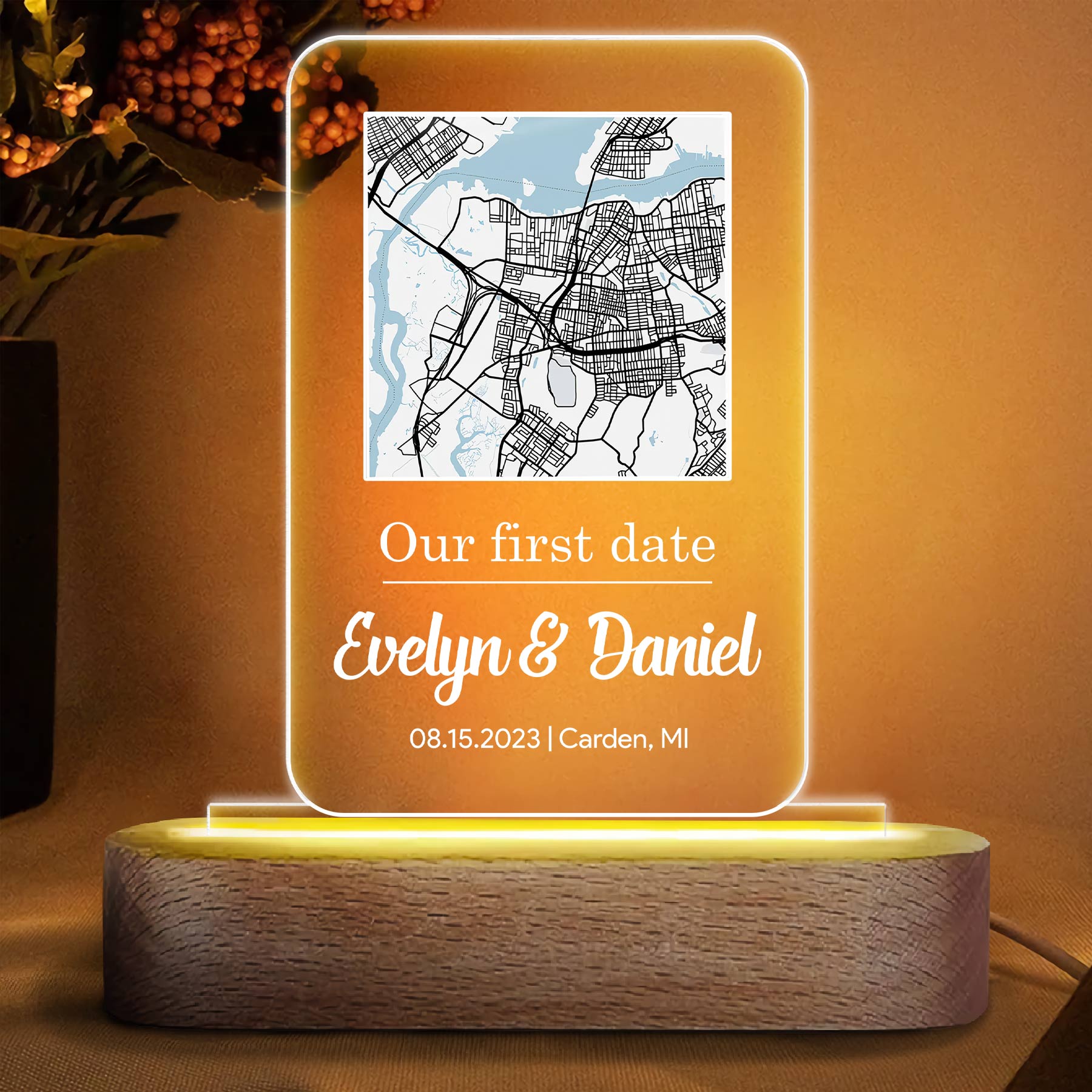 Our First Date Map - Personalized Custom Acrylic LED Night Light - Gift For Couple, Husband, Wife, Girlfriend, Boyfriend