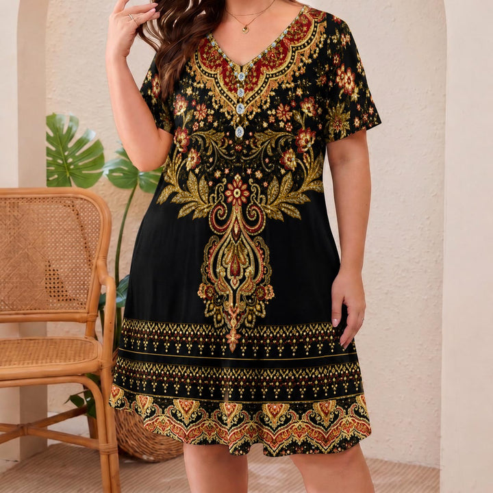 Midnight Majesty Short Sleeve V Neck Midi Dress NCU0DV139