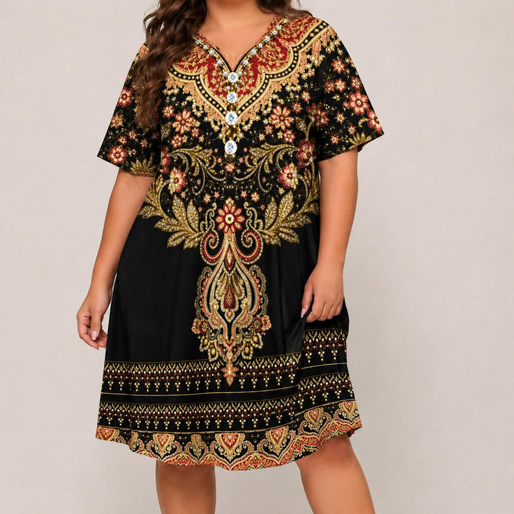 Midnight Majesty Short Sleeve V Neck Midi Dress NCU0DV139