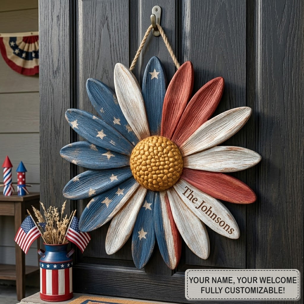 Patriotic Daisy Bloom Personalized Custom Door Sign AGC0VL070