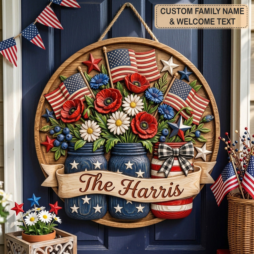 Patriotic Floral Jars Personalized Custom Door Sign AGC0VL098