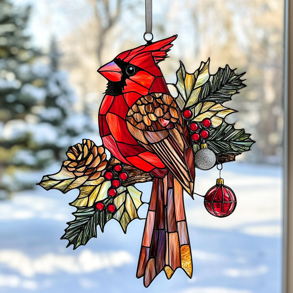 Snowy Redbird Delight - Window Hanging Suncatcher NCU0PD155