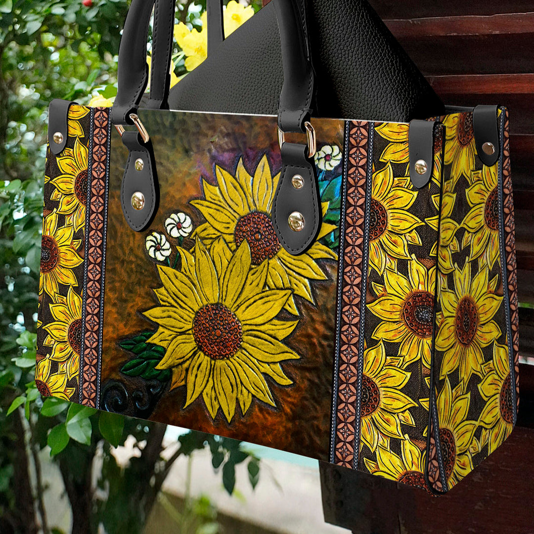 Sun-Kissed Bloom, Aesthetic Sunflowers - Leather Bag