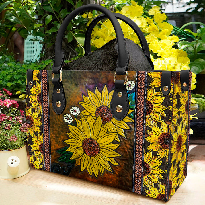 Sun-Kissed Bloom, Aesthetic Sunflowers - Leather Bag