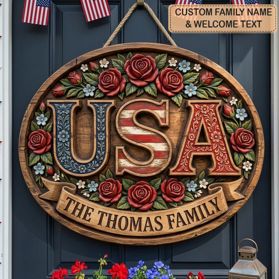 USA Vintage Roses Personalized Custom Door Sign AGC0VL096