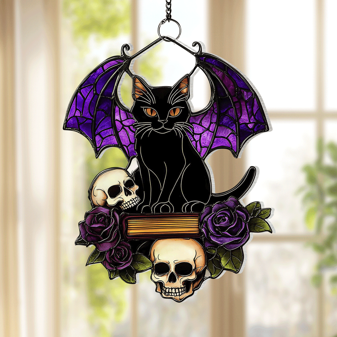 Gothic Cat On Skull - Window Hanging Suncatcher NCU0PD029