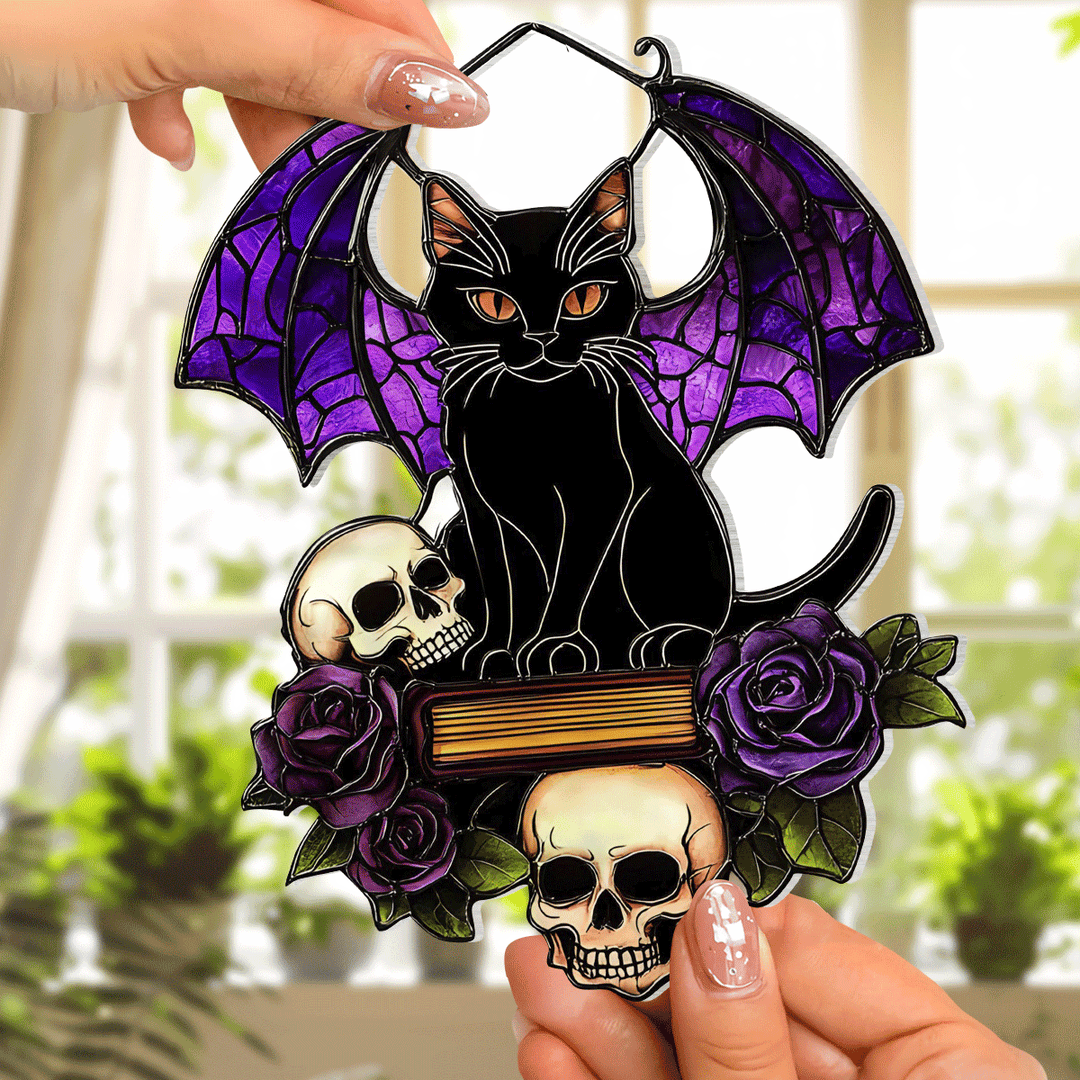 Gothic Cat On Skull - Window Hanging Suncatcher NCU0PD029