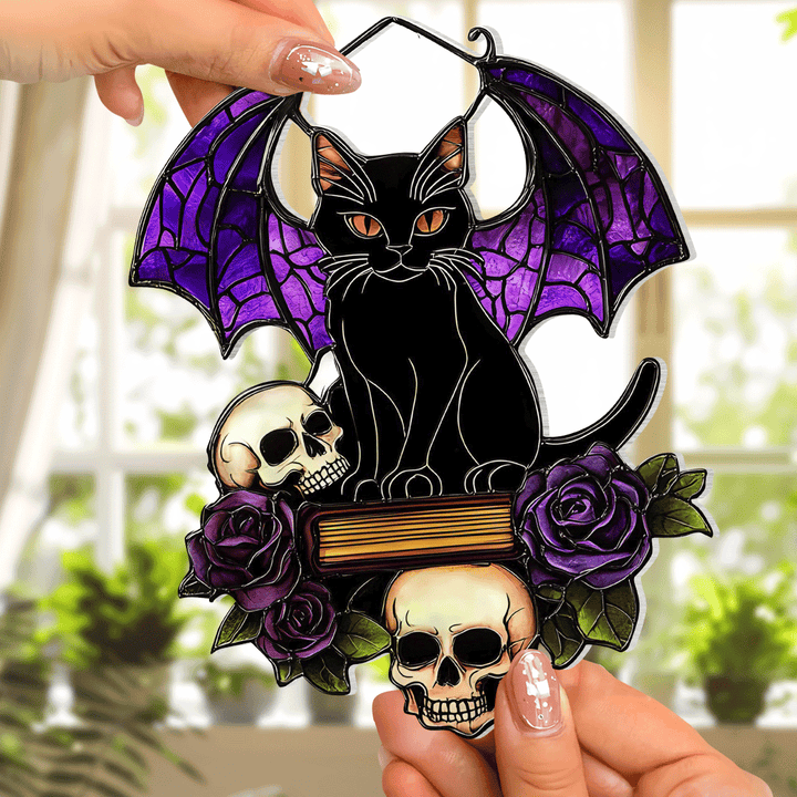 Gothic Cat On Skull - Window Hanging Suncatcher NCU0PD029