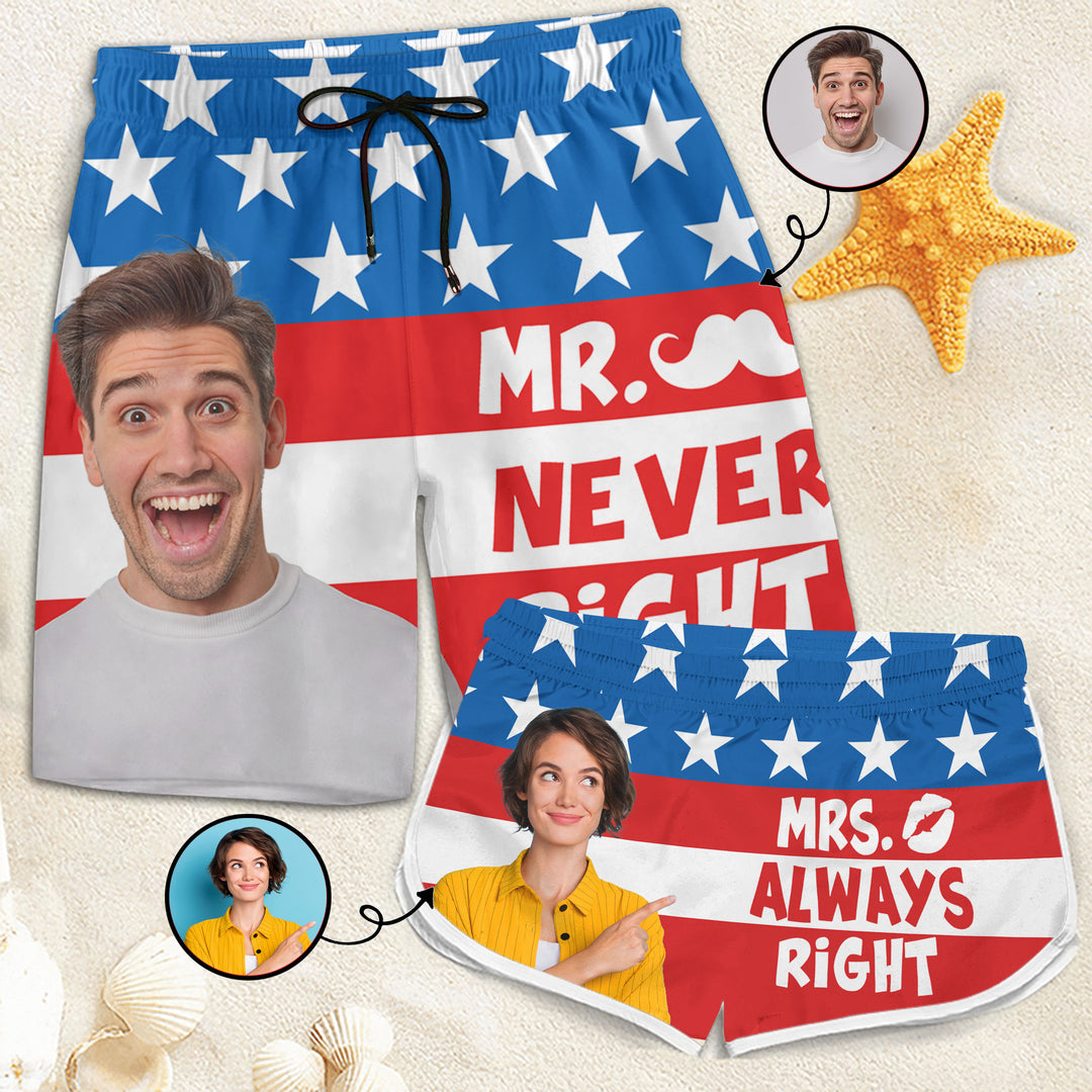 Mr Never Right Mrs Always - Personalized Custom Couple Beach Shorts - Gift For Couple