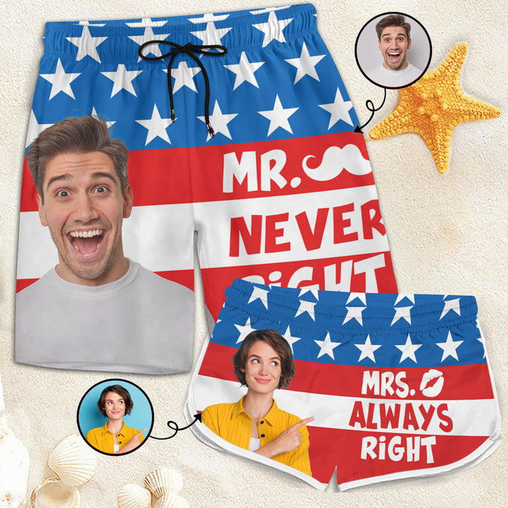 Mr Never Right Mrs Always - Personalized Custom Couple Beach Shorts - Gift For Couple