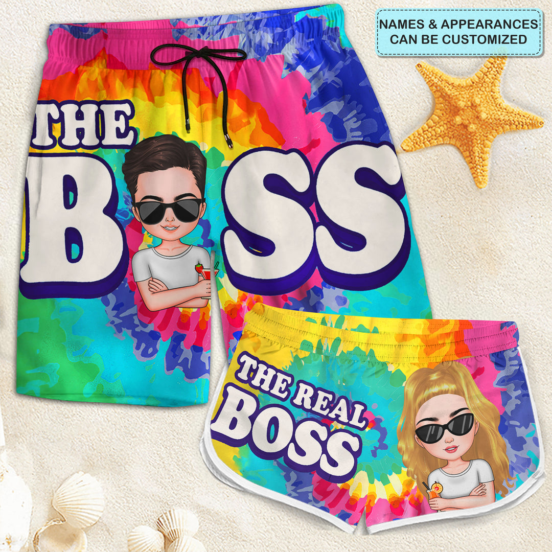 The Boss The Real Boss - Personalized Custom Couple Beach Shorts - Gift For Couple