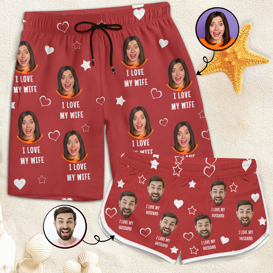 I Love My Wife - Personalized Custom Couple Beach Shorts - Gift For Couple